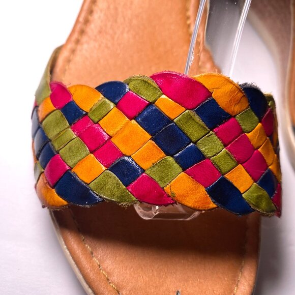 Womens Multicolor Woven Leather Ankle Strap Wedge Sandals Sz 4 Boho Indie Mexico - Picture 6 of 9